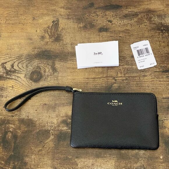 COACH Crossgrain Leather Corner Zip Wristlet, Black, Black & Gold - Picture 2 of 10